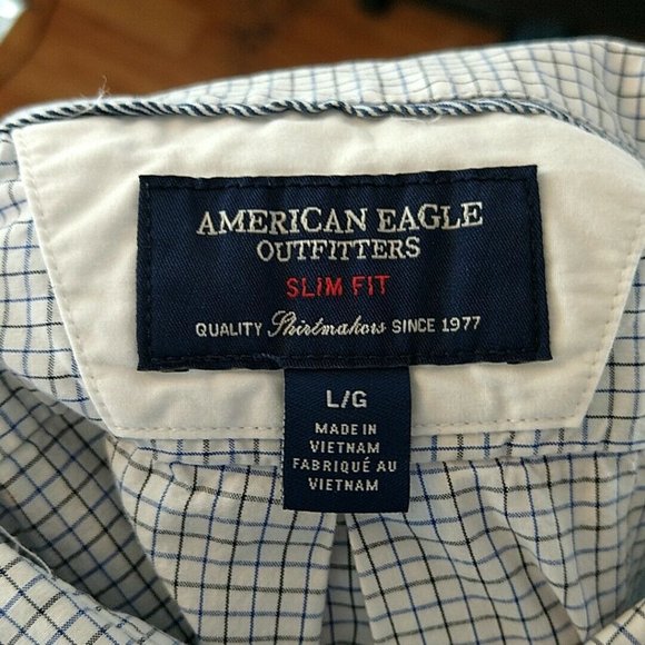American Eagle Outfitters Mens L Shirt White Checked Slim Fit Button Up Long Slv - Picture 9 of 10